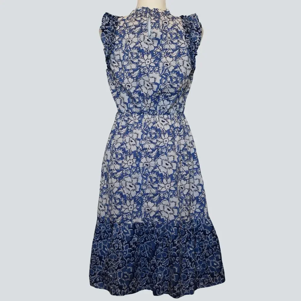 J.Crew Blue Floral Tiered Midi Dress Ruffle Size 6 Woodblock Indigo Cotton